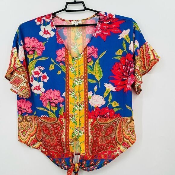 Umgee Tie Front Boho Hippie Blouse Womens Size Medium Folkloric Flutter Sleeve - Picture 7 of 10